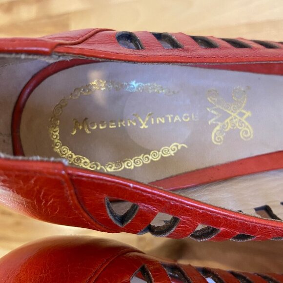 Modern Vintage Malory cherry pumps Orange Leather Cutout Peep Toe Heels size 38 - Picture 7 of 16